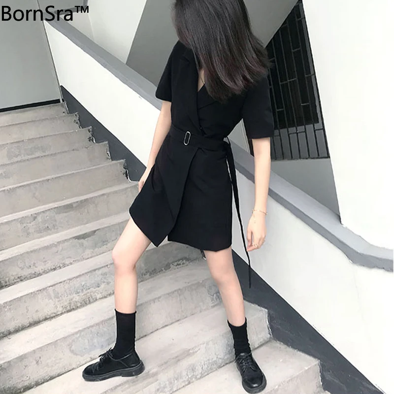

BornSra Summer Sashes Women Mini Dress Office Slim Waist Female Short Dress 2020 Casual Short Sleeve Blaser Vestidos Femme