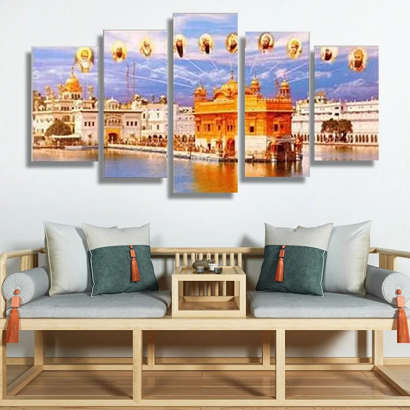 

Posters and Prints 5 Pieces Canvas Wall Art Framed Golden Temple Ten Sikh Gurus for Home Room Bedroom Office Wall Decoration