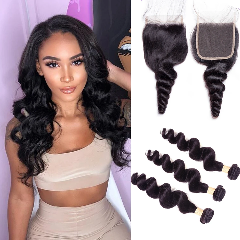 

Hairmoda Brazilian Hair Weave Bundles With Lace Closure Loose Wave Bundles With Closure Human Hair 3 Bundles With Closure