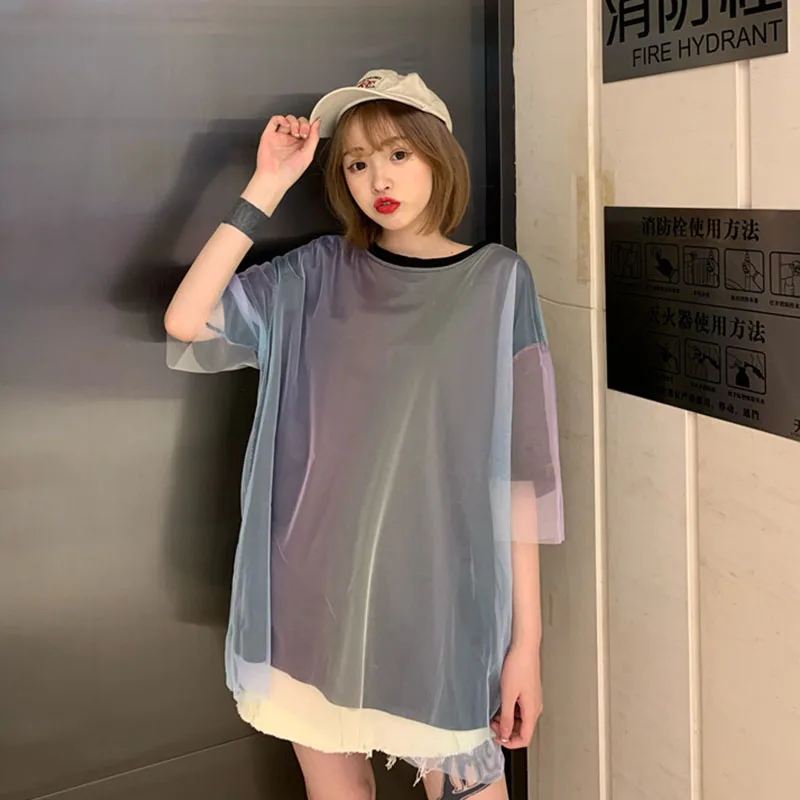 

Women T Shirt 2021 Women Gauze Fake Two Fashion Short Sleeve O Neck Loose T-shirt Sweet Style Ladies Summer Tee
