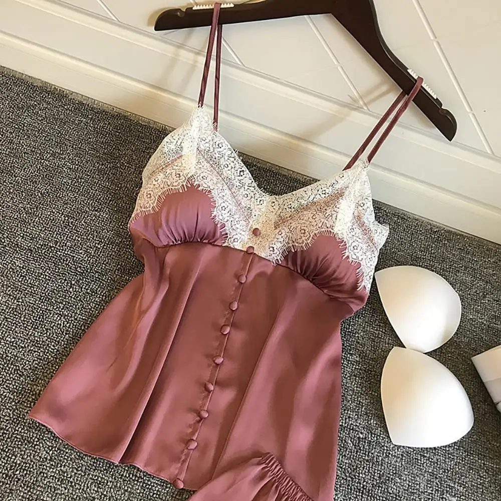 Женская пижама Сексуальный Атласный пижамный комплект белая кружевная Пижама с V