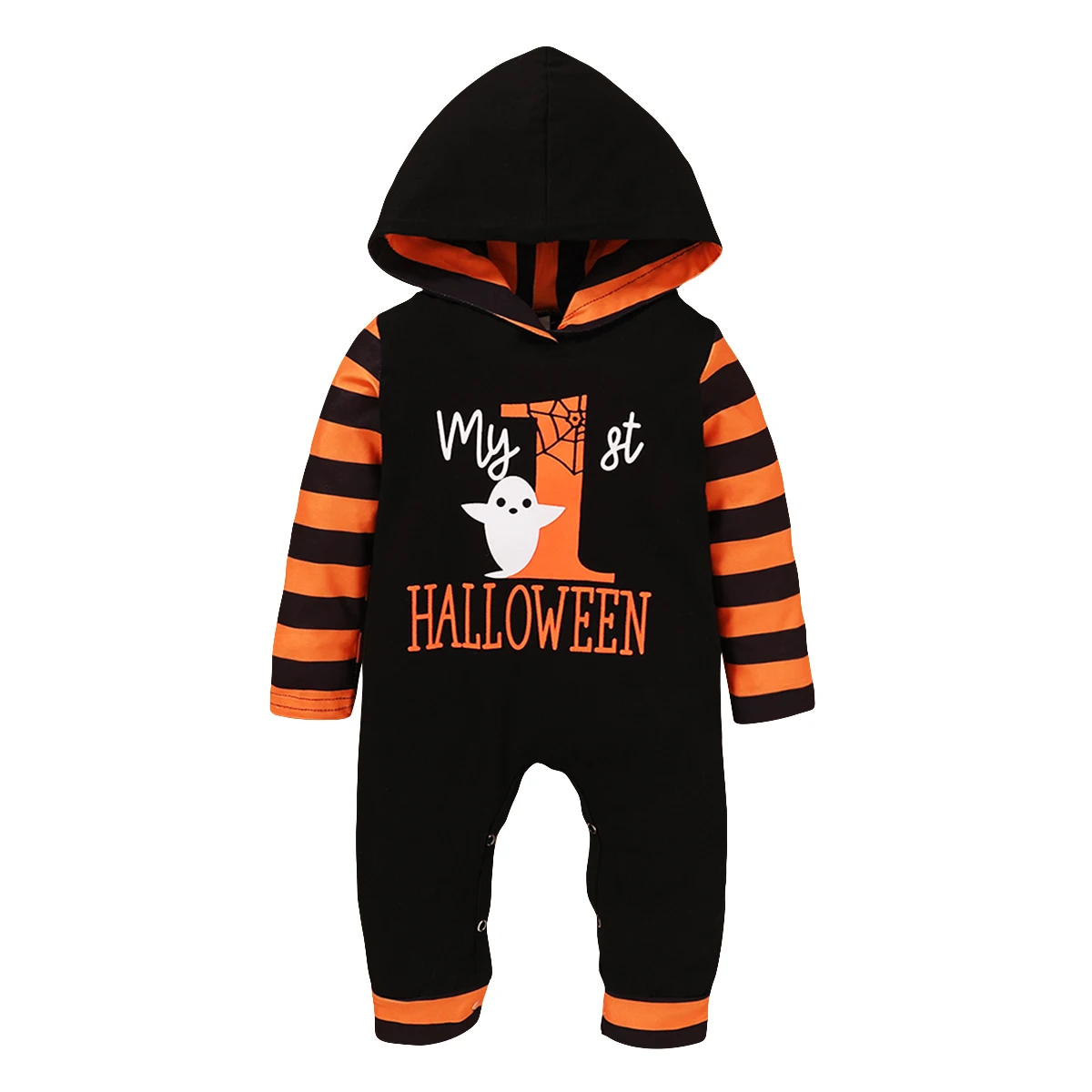 

2020 New Fashion Halloween Pumpkin Romper Toddler Baby Unique Letter Stripe Cotton Jumpsuit Boy Hooded Long Pants ropa de bebe