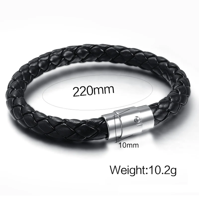 Punk Classic Style Men Women Leather Bracelet Simple Black Stainless Steel Button Neutral Accessories Hand-woven Bangles | Украшения и