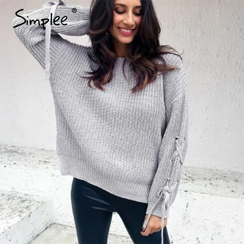 Женский белый вязаный свитер Simplee с рюшами повседневный пуловер круглым вырезом
