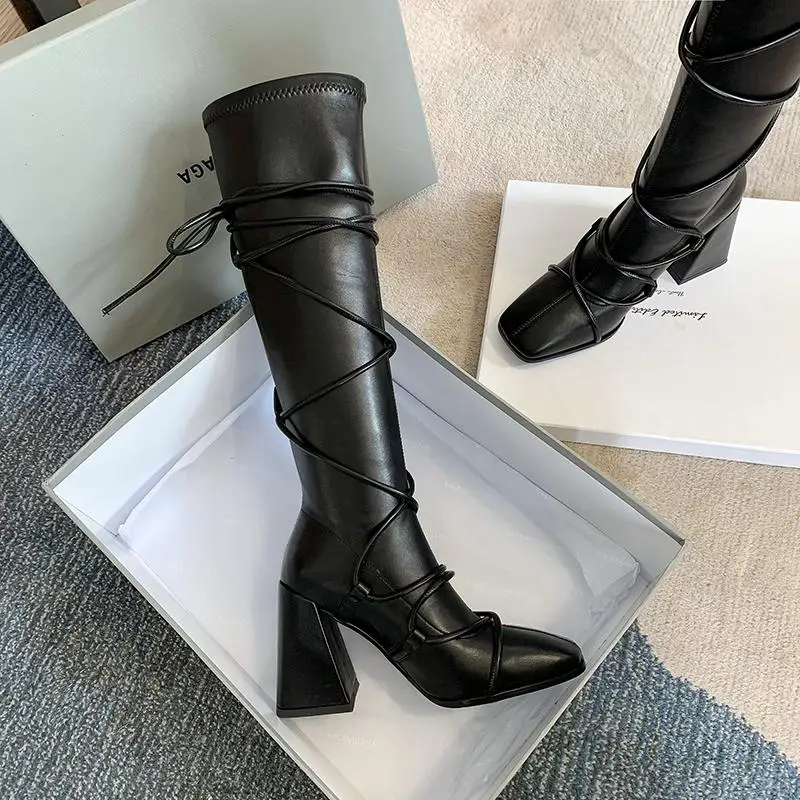 Online Sepatu Bot Kulit Serat Mikro Panci Krazing Sepatu Bot Berkendara Kaki Persegi Sepatu Bot Lutut Ins Simpul Silang Hak Tinggi Super Hangat Personal