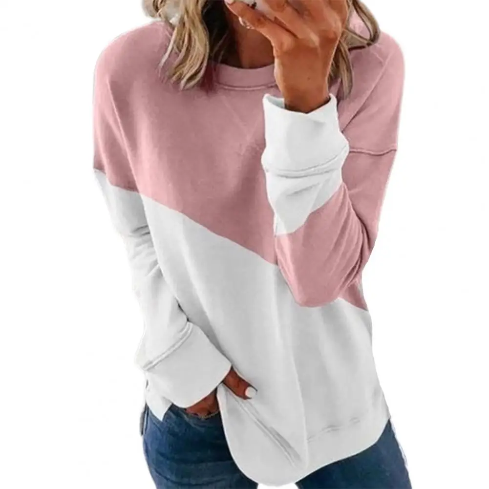 

Loose Lady T-Shirt Long Sleeve Pullover Top Patchwork O Neck Blouse for Daily Wear