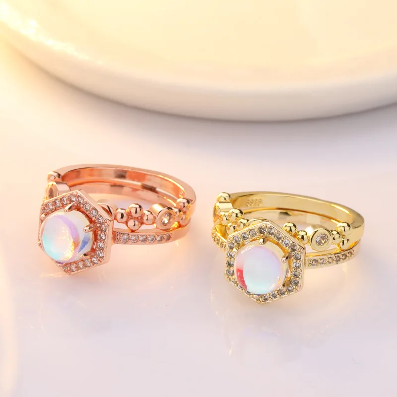 

2pcs/sets Bohemian Geometric Rings Clear Crystal Stone Moonstone Rose Gold Ring Elegan Fashion for Women Jewelry Accessories