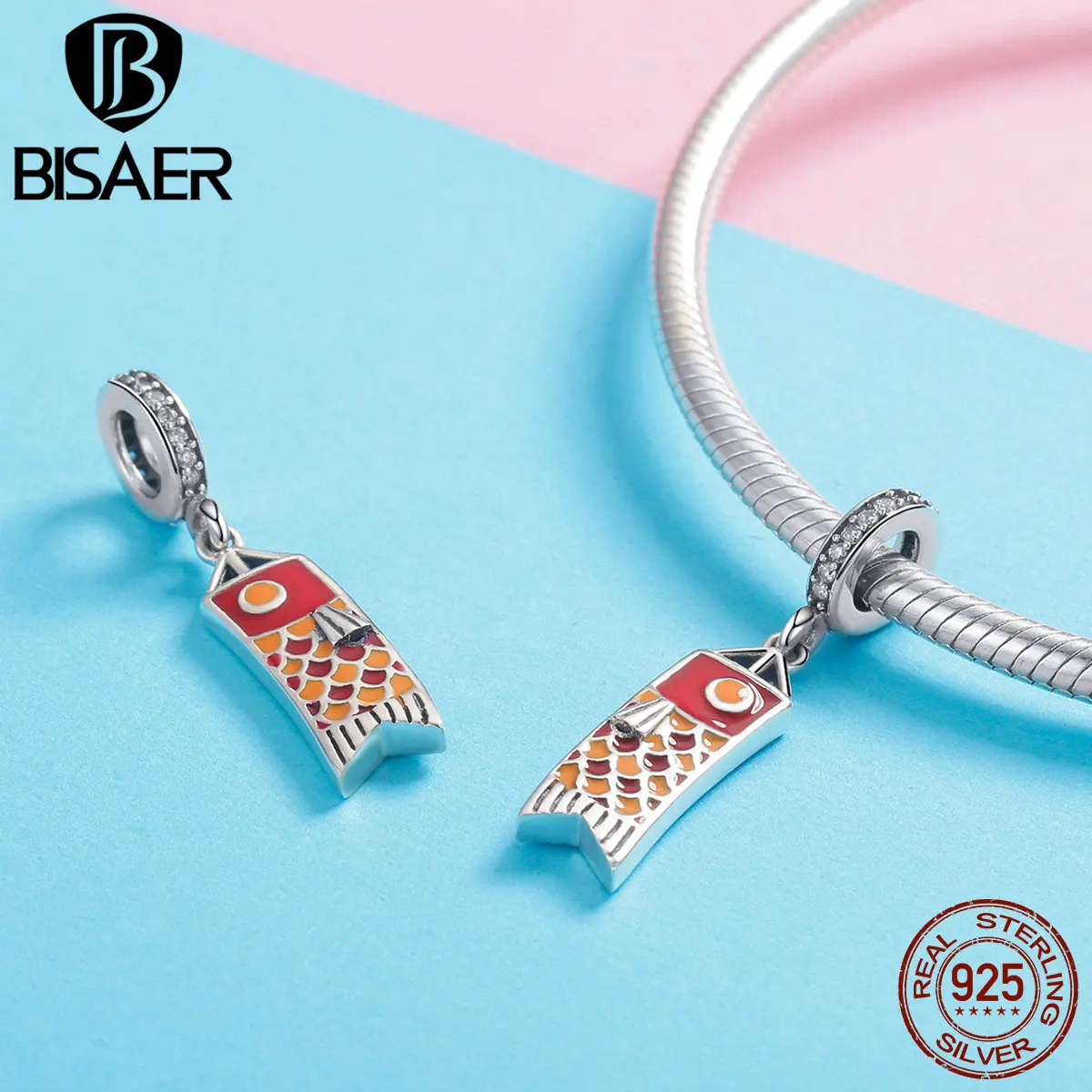 BISAER 925 Sterling Silver Original Design Japanese Carp Streamer Koinobori Pendant Charm for Women Charms Bracelet Gift GXC1085 | Украшения