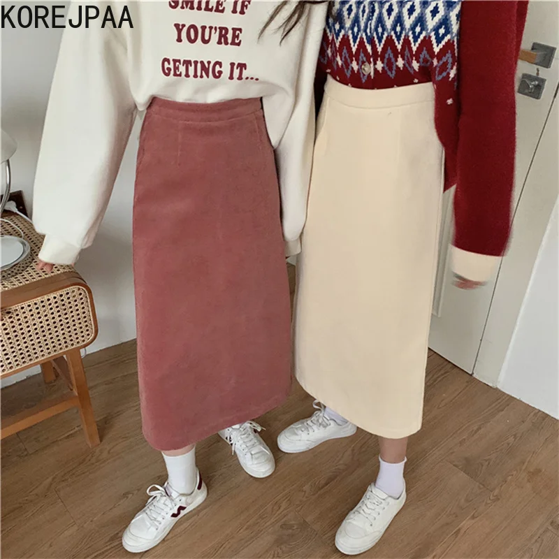 

Korejpaa Solid Corduroy Skirt Female Autumn Winter Korean 2021 New High Waist Split Bodycon Skirt Outwear Elegant Casual