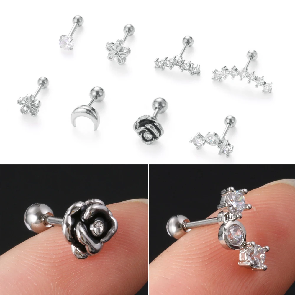 Серьги-гвоздики серебристые с фианитом украшение для Пирсинга Ушей изображением