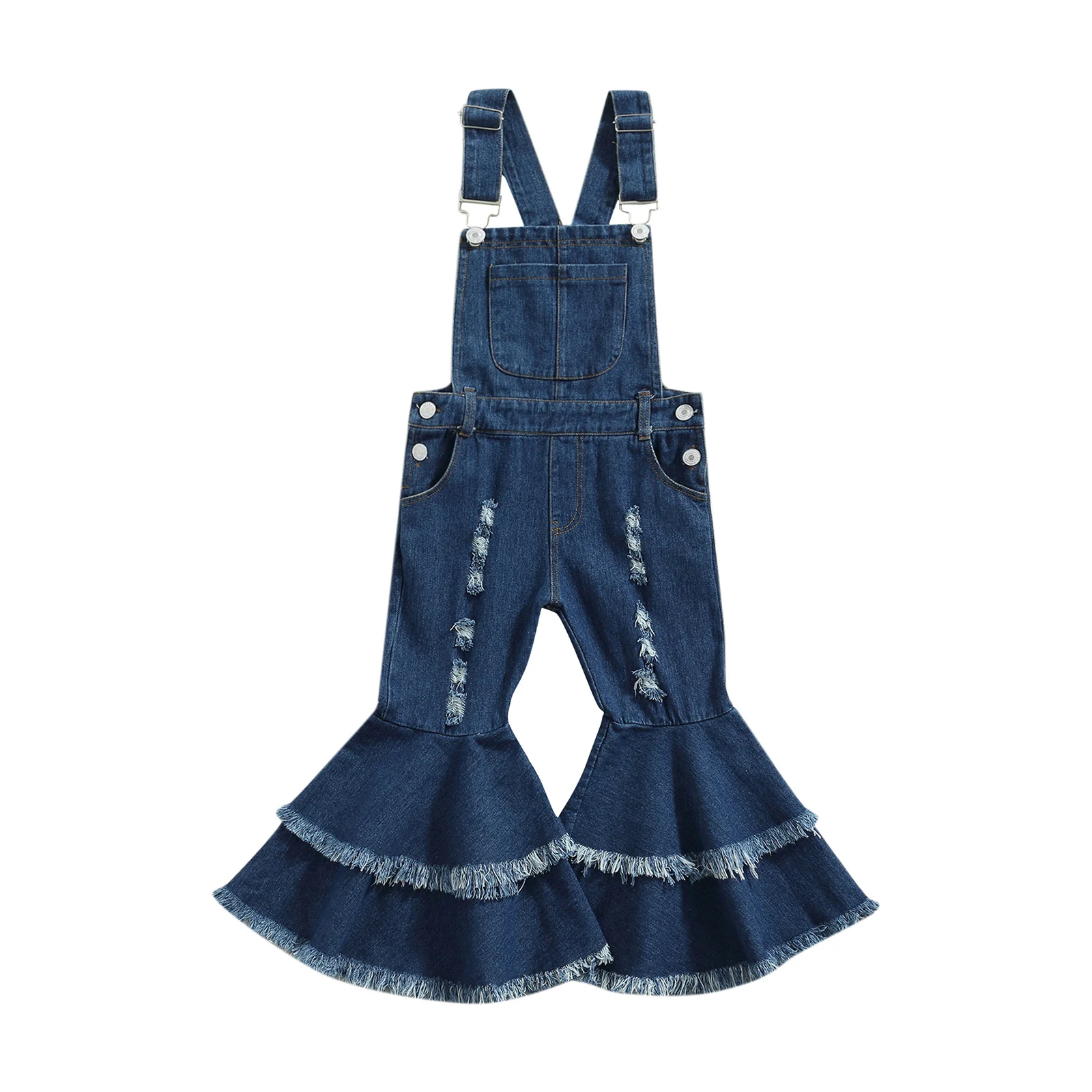 

OPPERIAYA Baby Girls Clothing Pocket Suspender Trousers Blue Solid Color Sleeveless Overalls with Ruffled Hem and Broken Holes