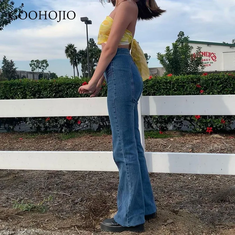 

GOOHOJIO 2021 New Spring Autumn High Waist Slim-fit Women Jeans Fashionable Vintage Pants Women Fashion Flared Pants for Ladies