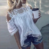 tops women 2021 strapless short sleeve t shirts womens shirts summer lace loose white top female solid color tees