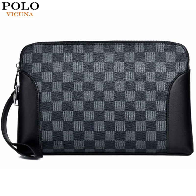 

VICUNA POLO Brand Mens Envelope Clutch Wallet Large Capacity Gird Design Mens Clutch Handbag Casual Business Man Bag For iPad