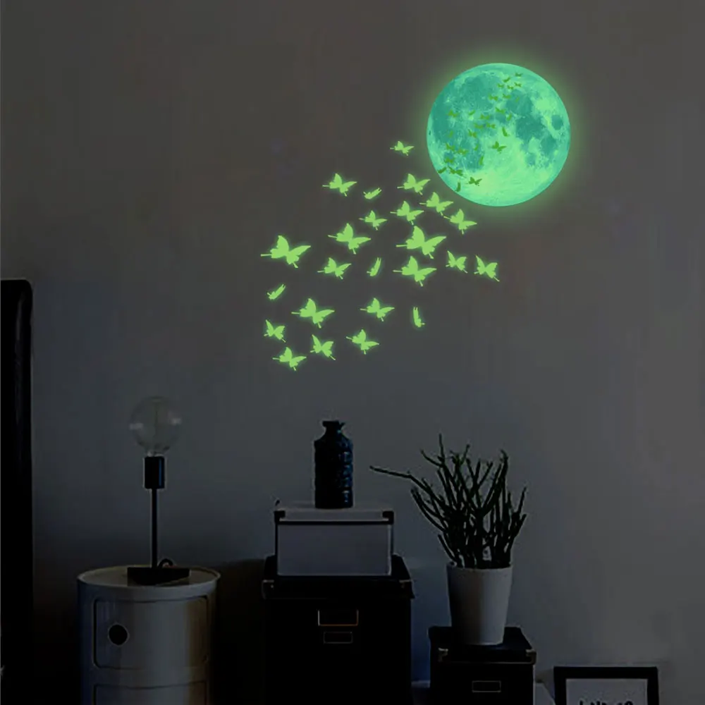 

Luminous Moon butterfly 3D Wall Sticker bedroom living kids room home decoration decals Glow in the dark combination Stickers