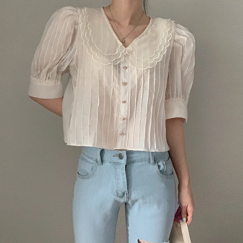 GALCAUR Korean Patchwork Ruffle Shirt For Woman Peter Pan Collar Puff Sleeve Oversize Loose Short Blouse Female Summer New 2020 | Женская