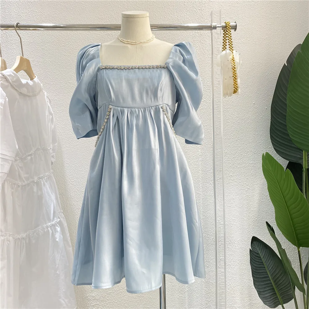 

Korean French Elegant Square Collar Puff Sleeve Dress High Waist Slim Midi Girl's Dress Bright Beaded Fresh Loose Dress Women