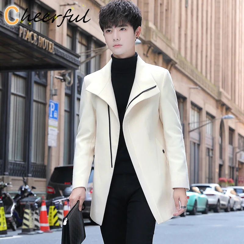 

Trendy Solid Color Zipper Woolen Coat Jacket Men 2021 Slim Fit Designer Mid Long Trench Coat Jacket For Men Black Yellow