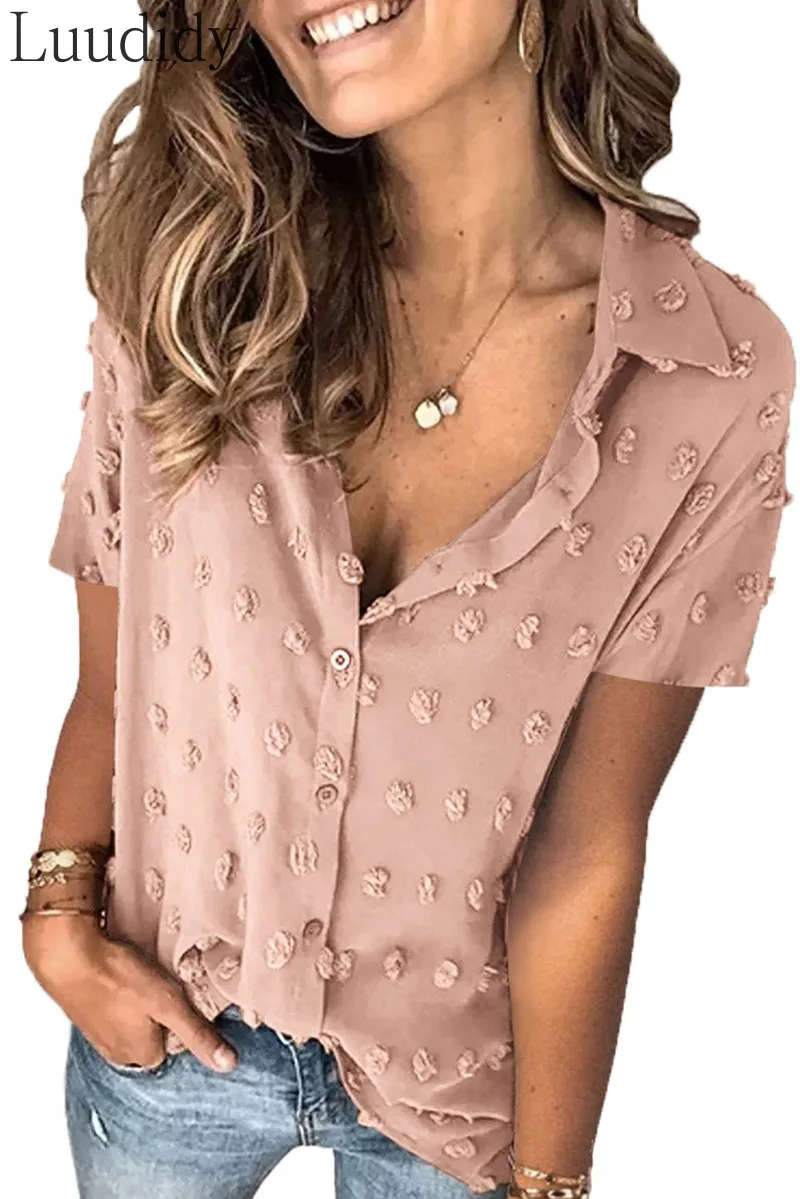 

Women Solid Color Slim Turn-Down Collar Single-Breasted Short Sleeve Blouse