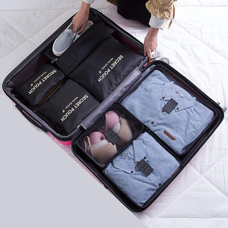 7pcs Black 7 шт./компл. дорожная сумка для багажа чемодан одежда сумка для хранения косметики упаковка куб Организатор багаж дорожная сумка для путешествий аксессуары - Цвет: 7pcs Black