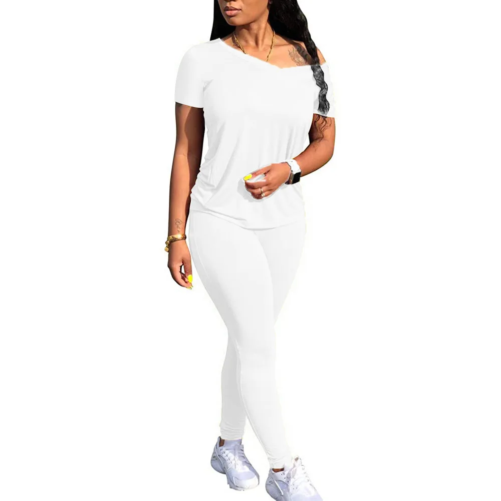 

Solid Sporty Two Piece Set Women Stretchy Solid Deep V-neck Short Sleeve T-shirts and Slim Legging Female Tracksuit Sweatsuits