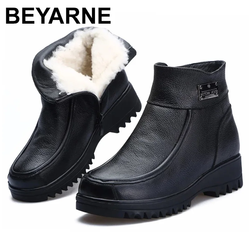 

BEYARNE 2021 New Winter Ankle Boots Women Snow Boots Natural Wool Genuine Leather Wedges Platform Heel Zipper Warm Short Boots