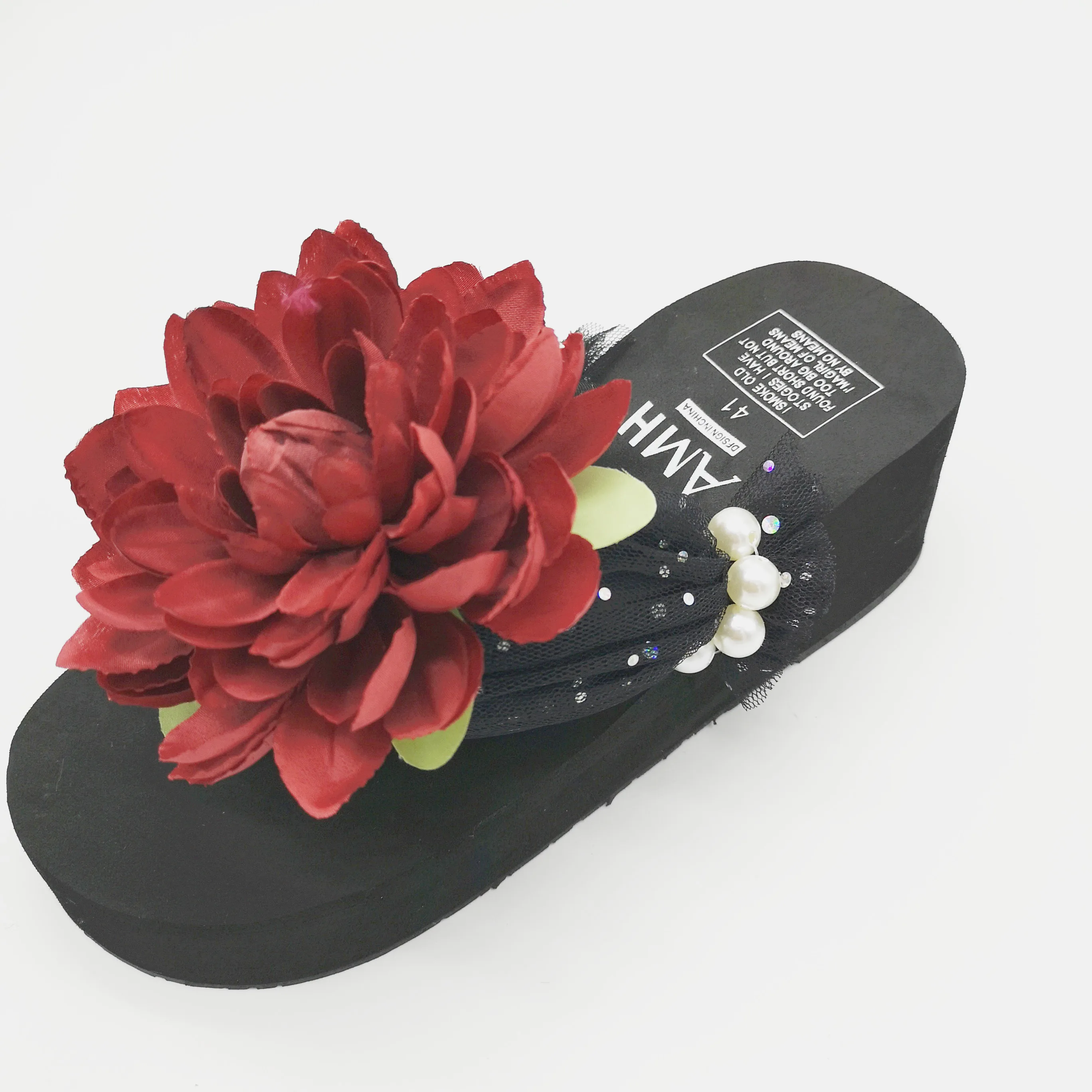 

HAHAFLOWER Sweet Bling Flower Bride Wedding Summer Slippers Women black Shoes red rose 2020 Wedge High Heel Platform Outside