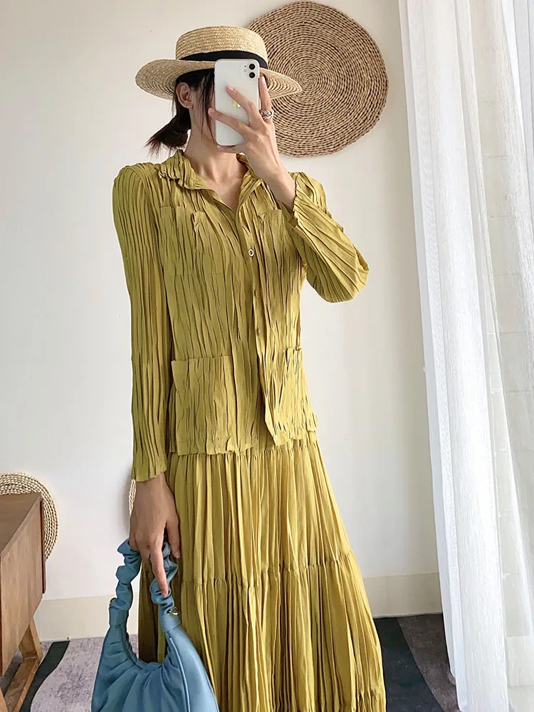 Хит продаж модное однобортное пальто миаке с длинным рукавом и складками +