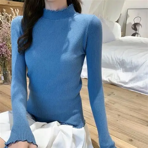 

2020 new white Long Sleeve Knitted Top with slim half high collar and auricular edge
