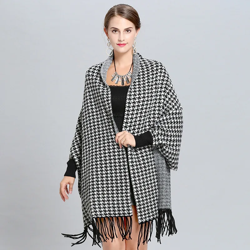 Высокое качество имитация кашемира женский плед пончо с кисточкой элегантный