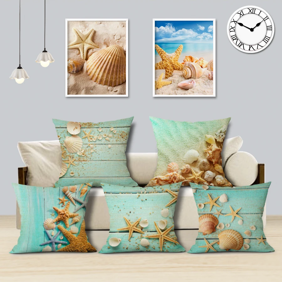 

Summer Beach Style Cushion Covers Sea Shells Starfish Decorative Pillowcase Linen Pillow Cover 45x45cm Home Sofa Decor