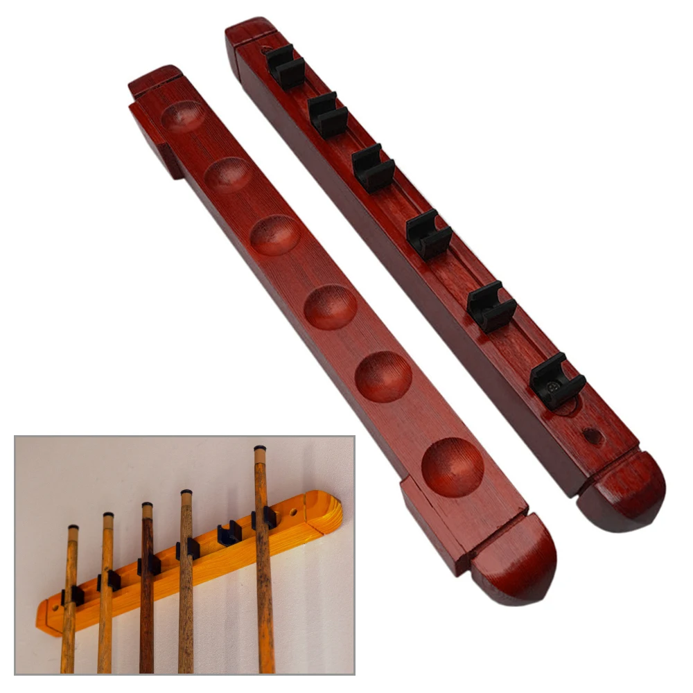 6-Cue Wall Mount Wood Cue Rack Billiard Hardwood Sticks Holder with Pool Clips Clue Accessories | Спорт и развлечения