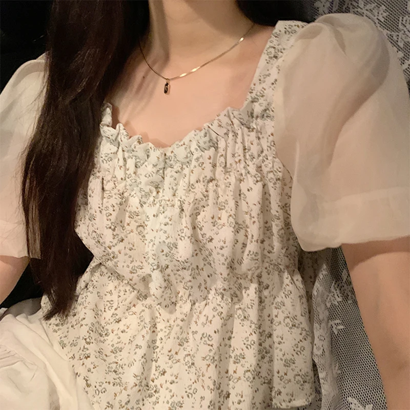 

Square Collar Puff Sleeve Cute 2021 Women Blouses Chic Lady Gentle Short Sleeves Sweet Girls Loose Shirt Tops Mesh Shirt
