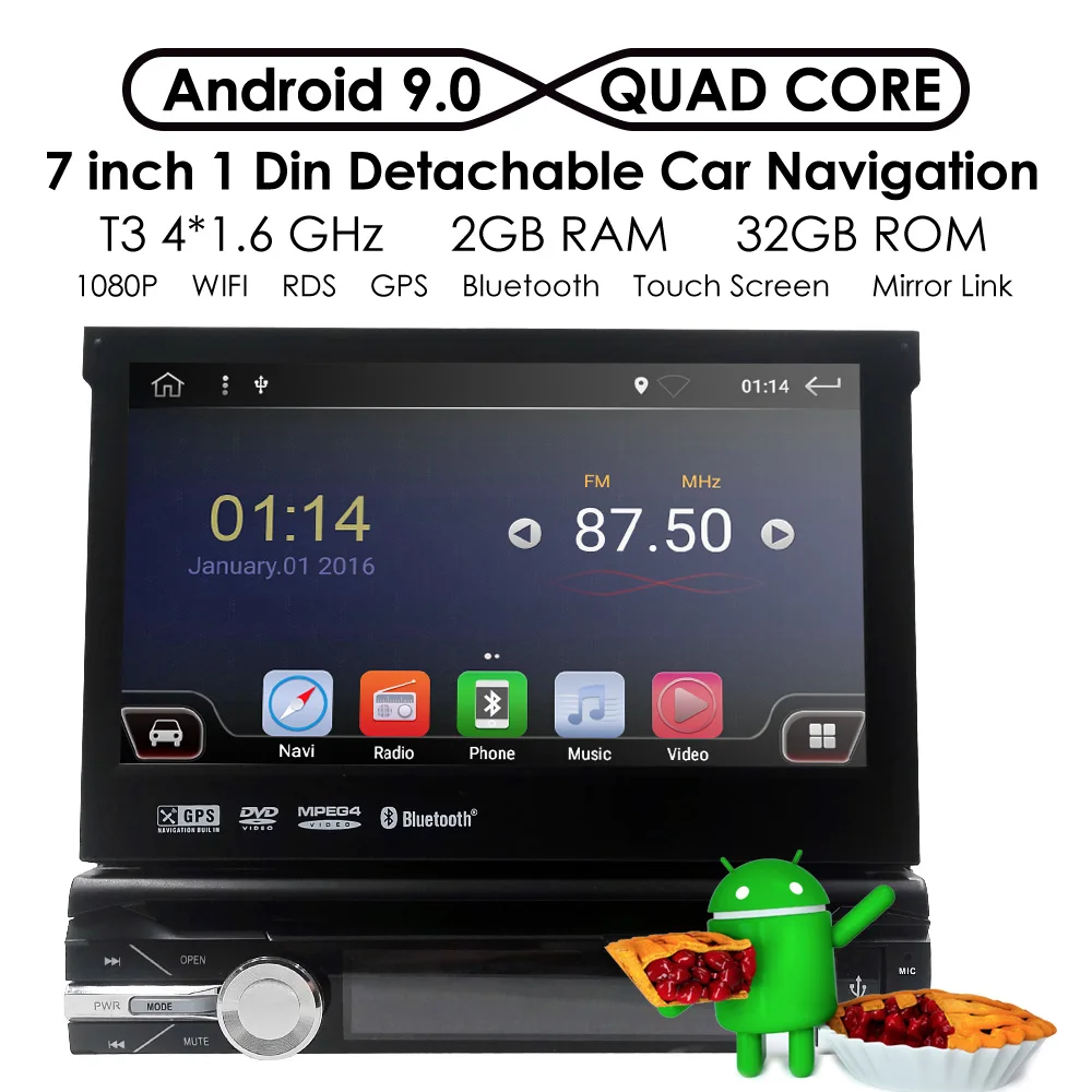 Один 1 Din 7 ''четырехъядерный Универсальный Android 9,0 2GB ram автомобильный Радио Стерео gps навигация WiFi 1024*600 сенсорный экран 1din автомобильный ПК