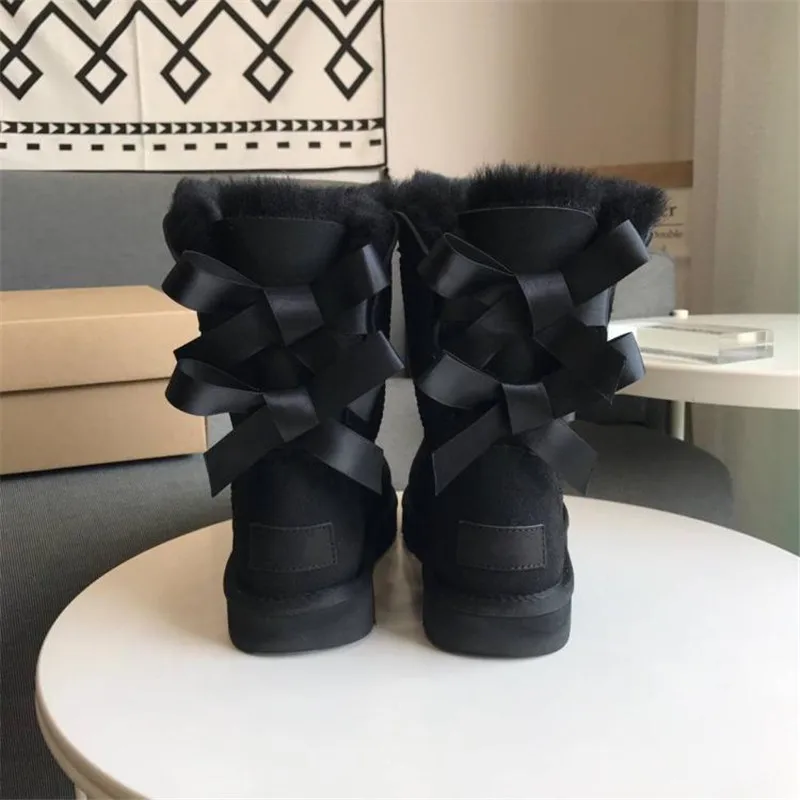

2022 Women Winter Snow Boots Real Cow Leather Shoes Real Fur Booties with Two Bows Female Brand Warm Waterproof Boots Shoes