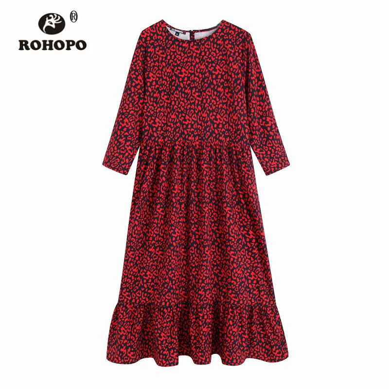 ROHOPO круглый воротник красный принт с животными длинный рукав черное платье миди