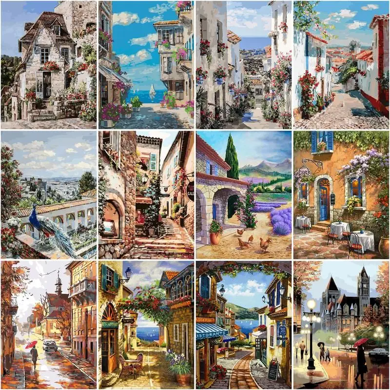 

CHENISTORY DIY Paint By Number Town Landscape Picture Colouring Zero Basis Handpainted Painting By Number For Adults Drawing On