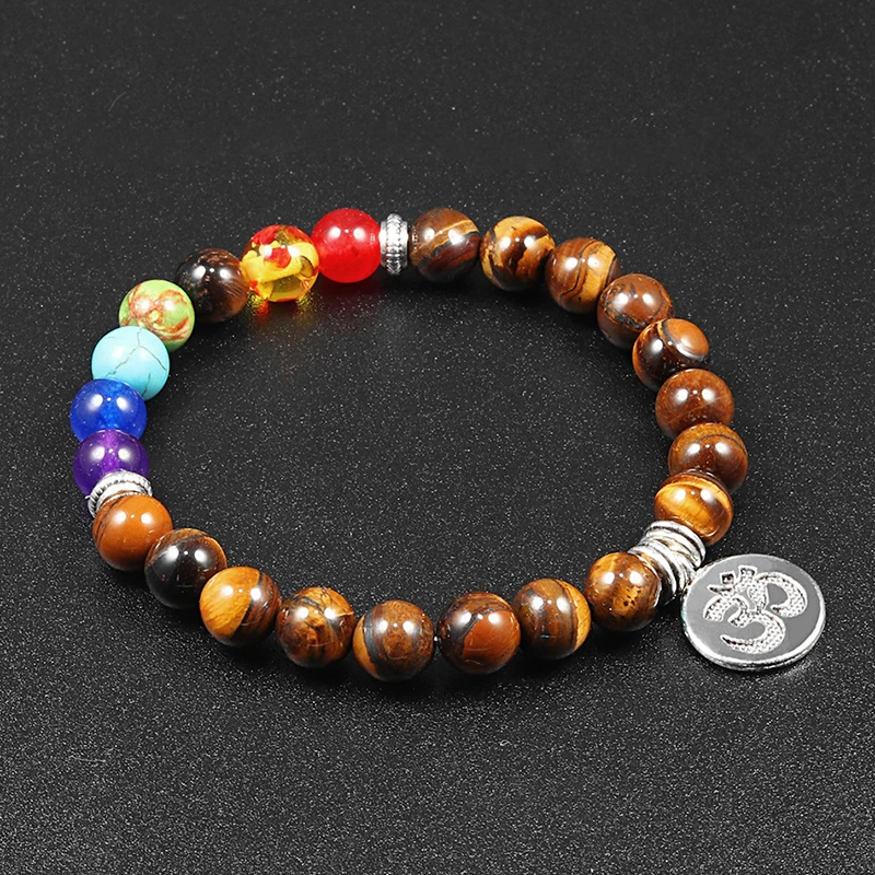 Мужской браслет из 7 бусин чакры натуральная черная лава кулон тигрового глаза с