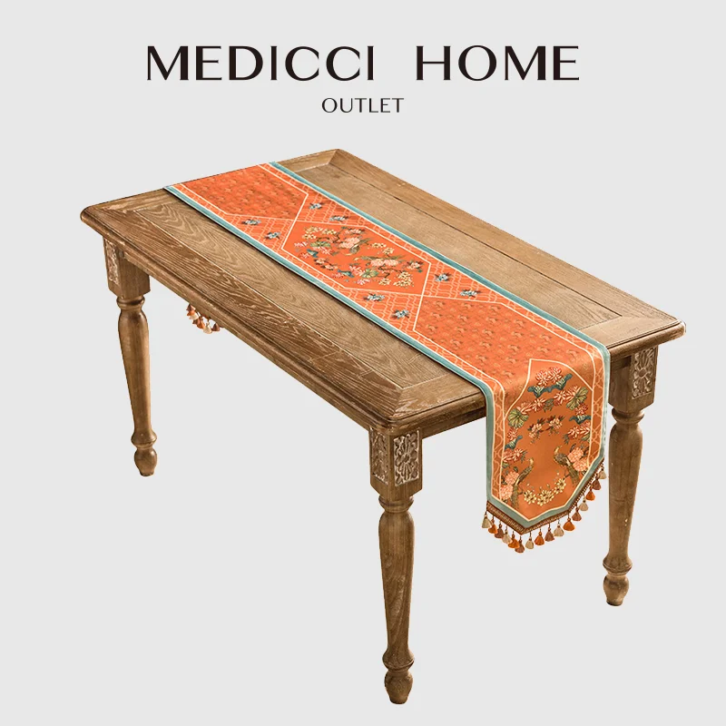 

Medicci Home European Style Table Runner Hydrangea Flower Birds Print Retro Orange Velvet Table Cloth Romantic Dining Room Decor