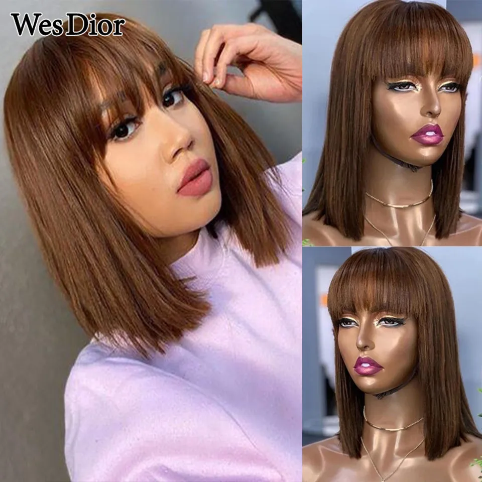 Colored Straight Short Bob Wig With Bangs Brazilian #4 Brown Guleless Wig Full Machine Made Human Hair Wigs For Black Women