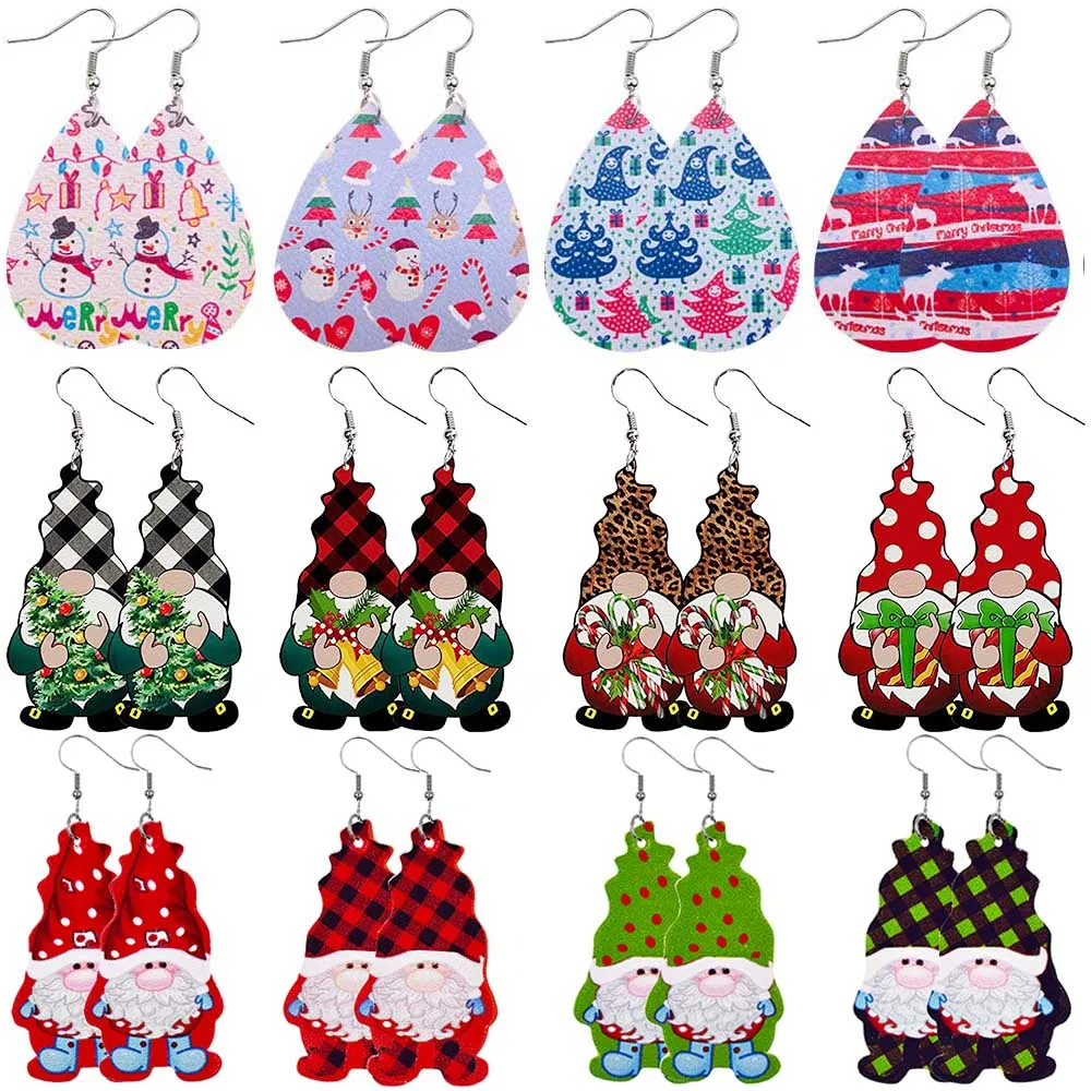 

New Christmas PU Leather Earrings For Women Gnome Xmas Tree Santa Teardrop Dangle Ear Fashion Christmas Party Jewelry