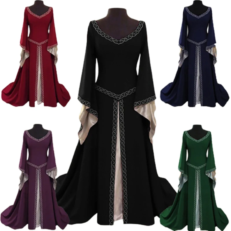 

Womens Medieval Renaissance Vintage Long Dress Celtic Queen Gown Party Victoria Cosplay Costume Square Collar Maxi Dress Robe