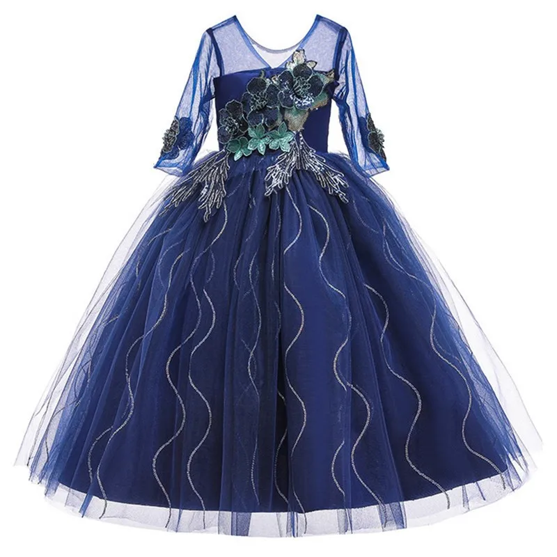 navy blue Высококачественное вечернее платье для девочек-подростков; платья для дня рождения; цветочная вышивка; платье принцессы на свадьбу; платье с цветочным узором для девочек на Рождество - Цвет: navy blue