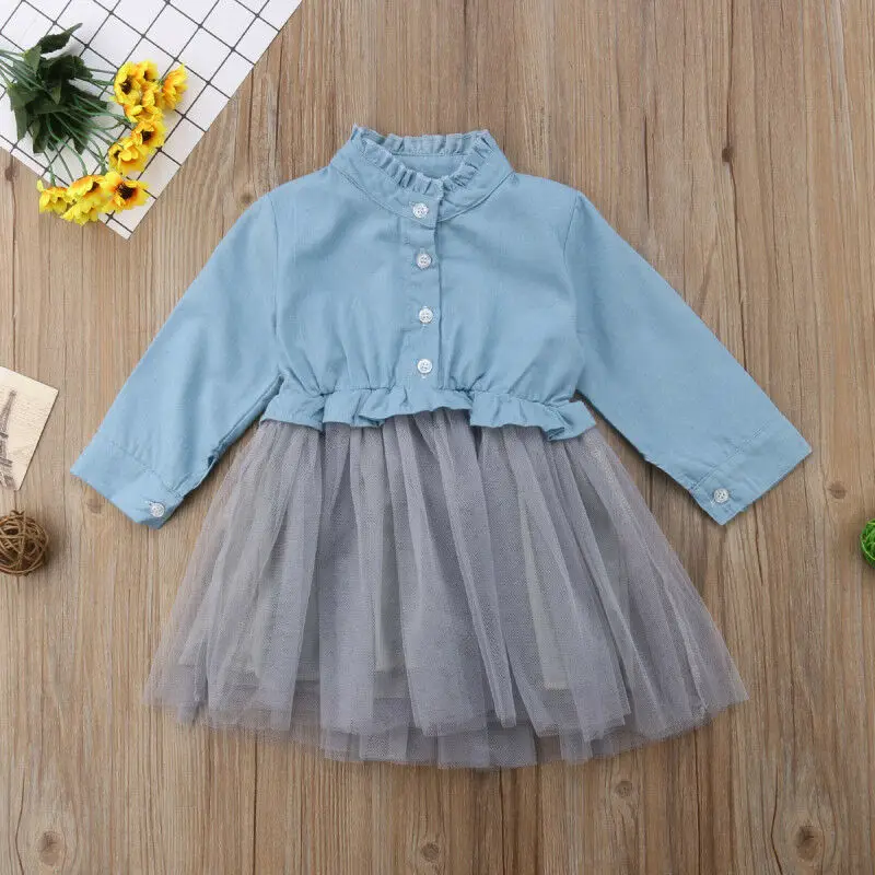 Cute Kid Baby Girl Casual Solid Long Sleeve Denim Tutu Tulle Princess Party Autumn A line Dress 1-6Y | Детская одежда и обувь