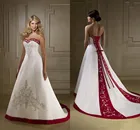 Винтажное красно-белое атласное свадебное платье с вышивкой, трапециевидной формы, со шлейфом, в стиле ретро, без бретелек, свадебные платья в стиле кантри