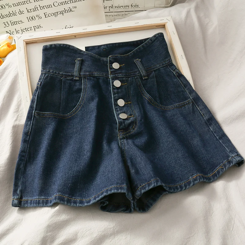 Женские джинсовые шорты на пуговицах винтажные темно-синие с высокой талией