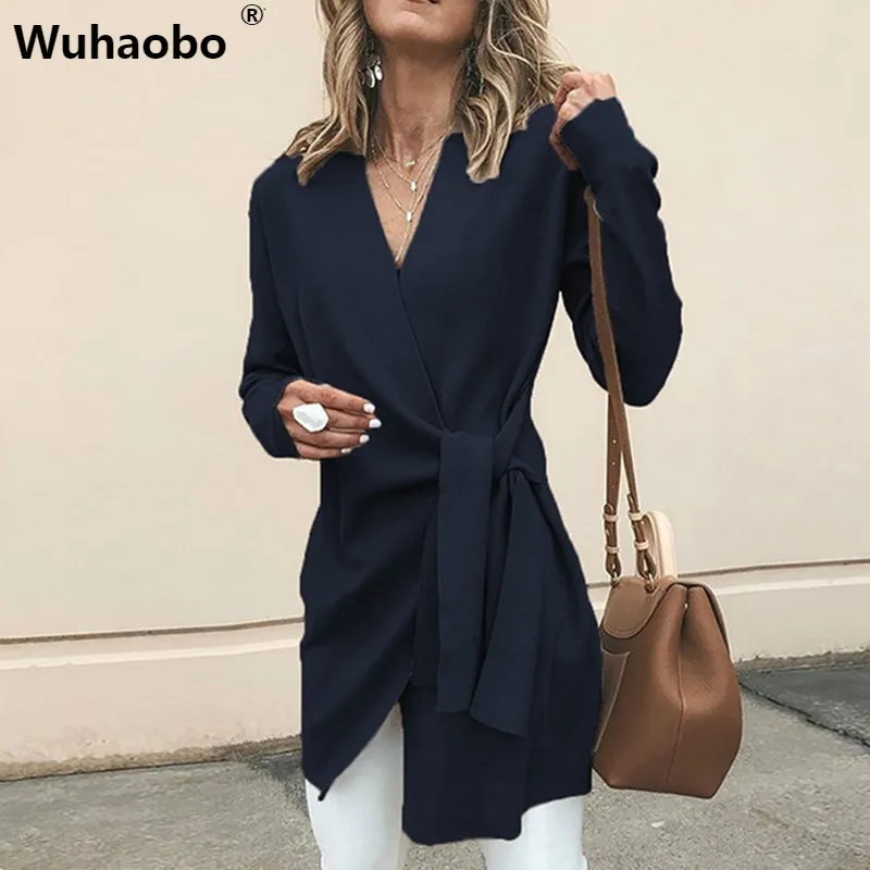 Wuhaobo модные длинные пальто для женщин полушерстяные тонкие сексуальные V образным вырезом пальто Верхняя одежда Зимние теплые кашемировые куртки Chamarras De Mujer