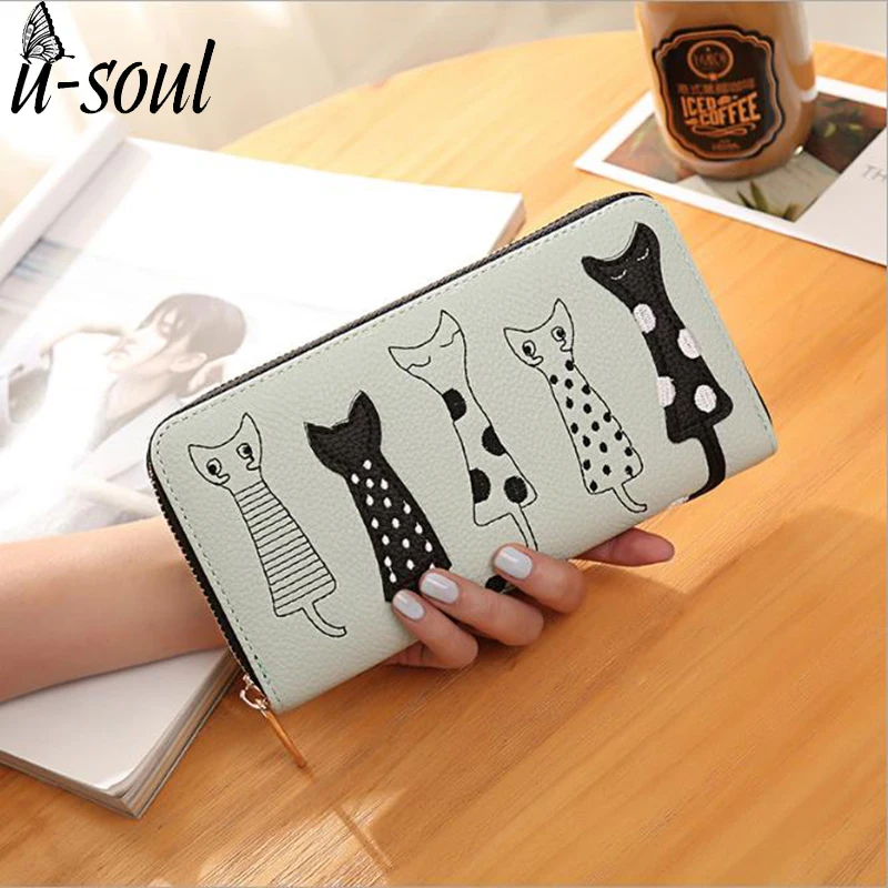 

USOUL 2022 New Women Wallets Leather Wallet Long Style Dollar Price Women Bag Card Holder Cute Cartoon Cat Coin Purse DA1029