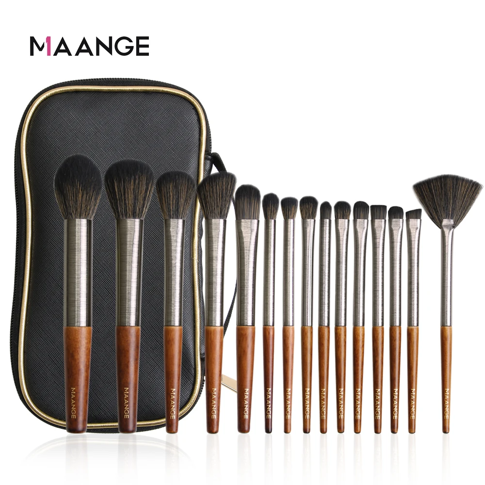 15pcs with bag-A MAANGE Pro, 15 шт., набор кистей для макияжа, основа, пудра, тени для век, губы, деревянная ручка, кисть для декоративной косметики, инструменты для макияжа - Handle Color: 15pcs with bag-A