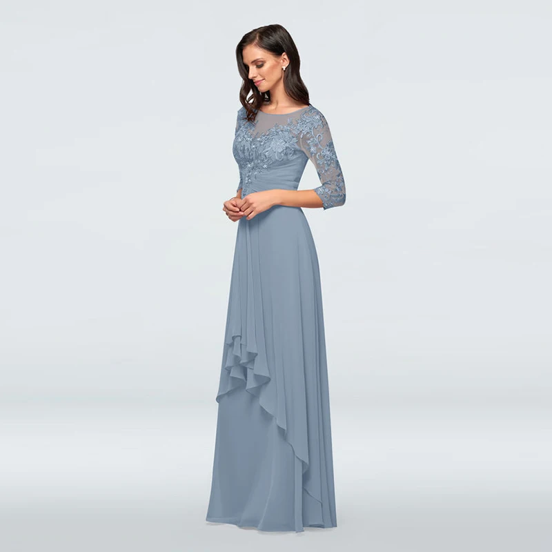 

Charming Dusty Blue Chiffon Lace Applique Top Mother of the Bride Dresses Jewel Neck Three Quarter Sleeve Wedding Party Dresses